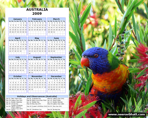 2009 Lorikeet Photo Calendar with Australian Public Holidays